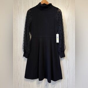 Eliza J Black Fit and Flare Dress with Polka Dot Mesh Sleeves Size M NWT